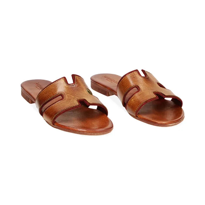Sandali bassi cognac-rossi in vacchetta