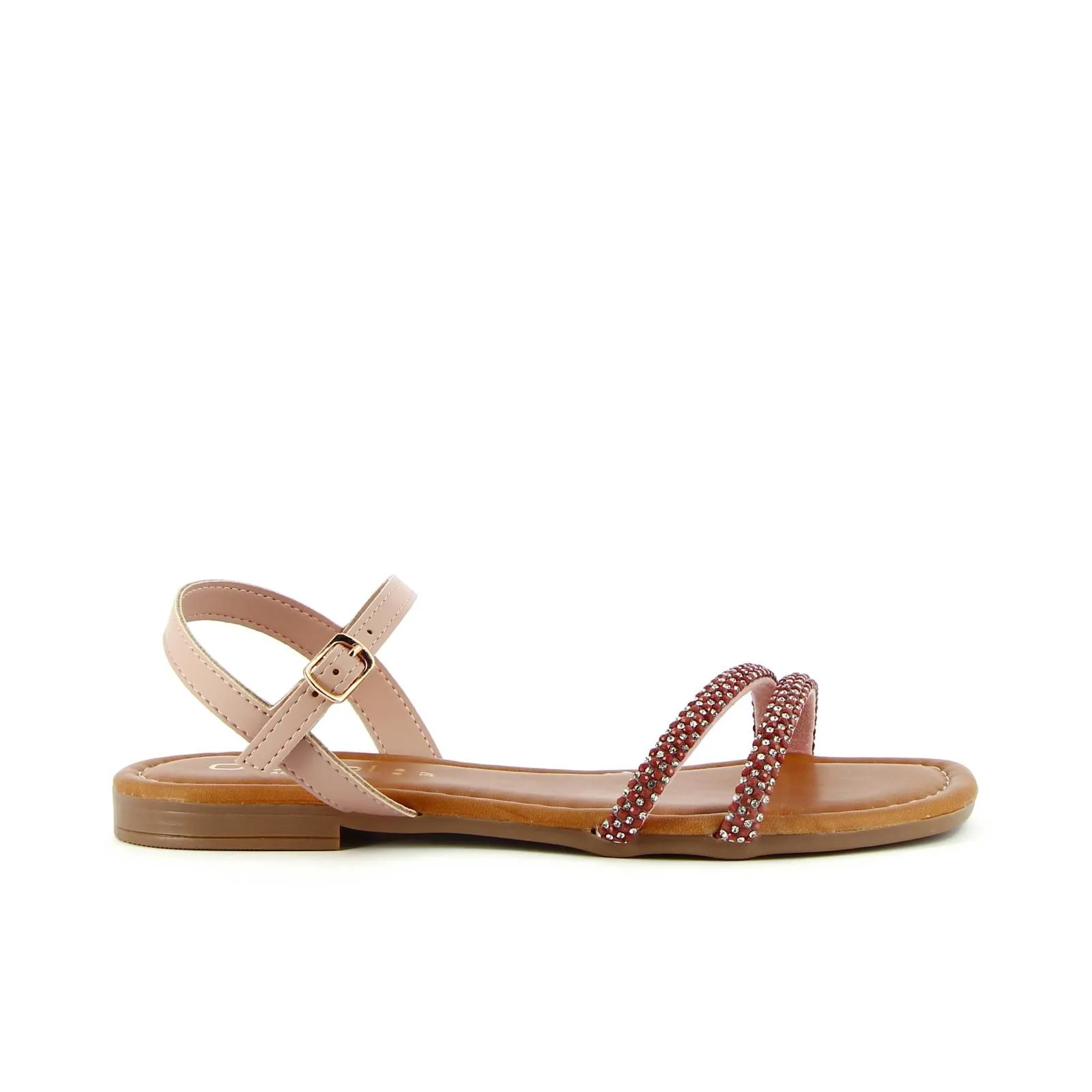 Sandali bassi rosa con strass rossi