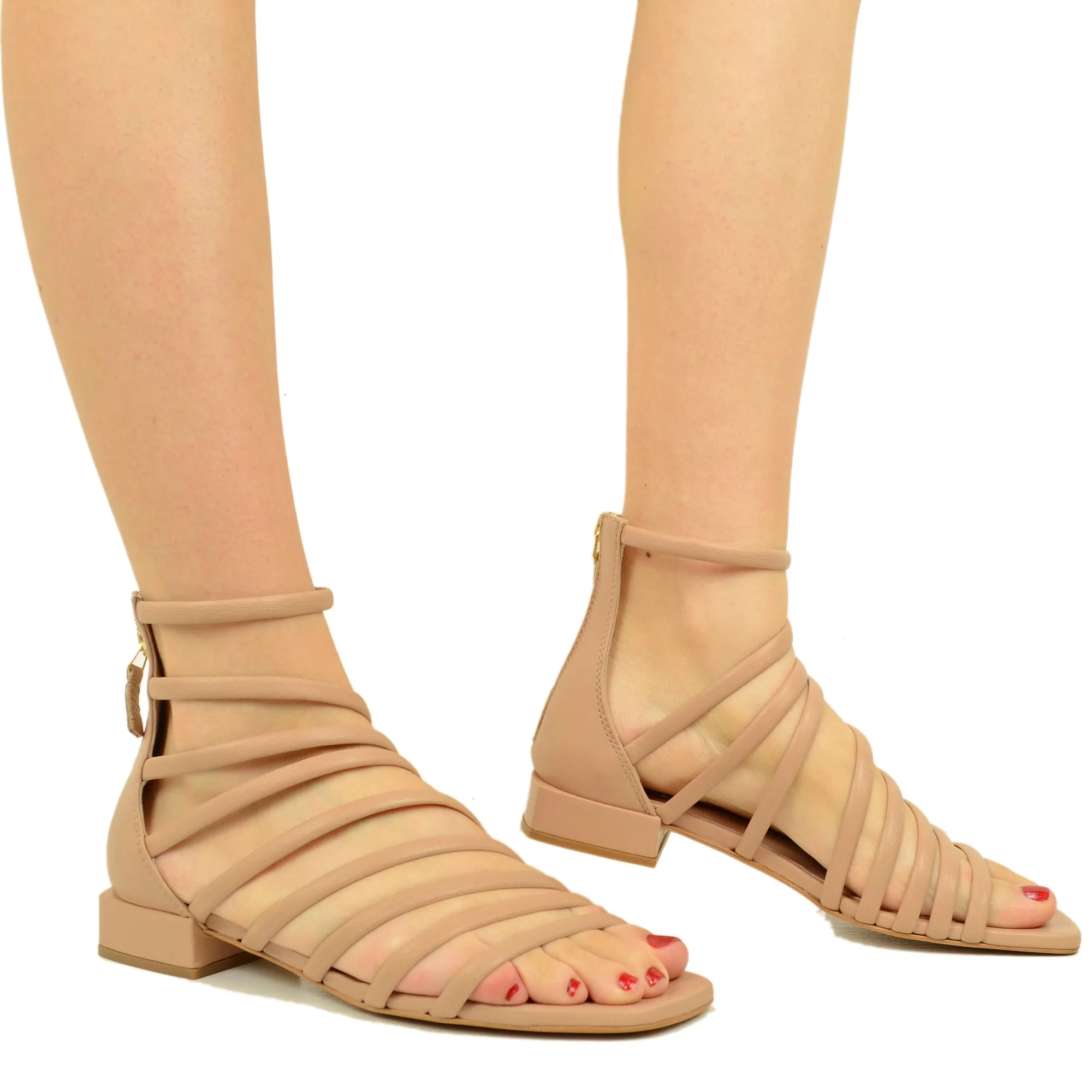 Sandali Donna con Fascette Cipria in Pelle Made in Italy