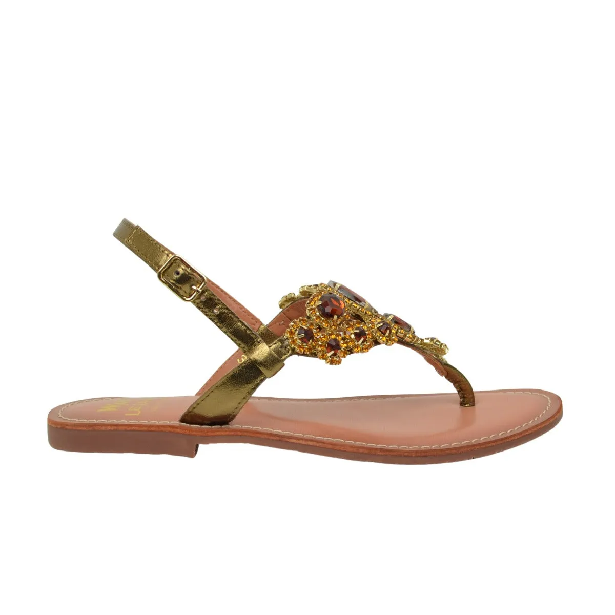 Sandali Donna Infradito Bronzo Tacco Basso con Perle