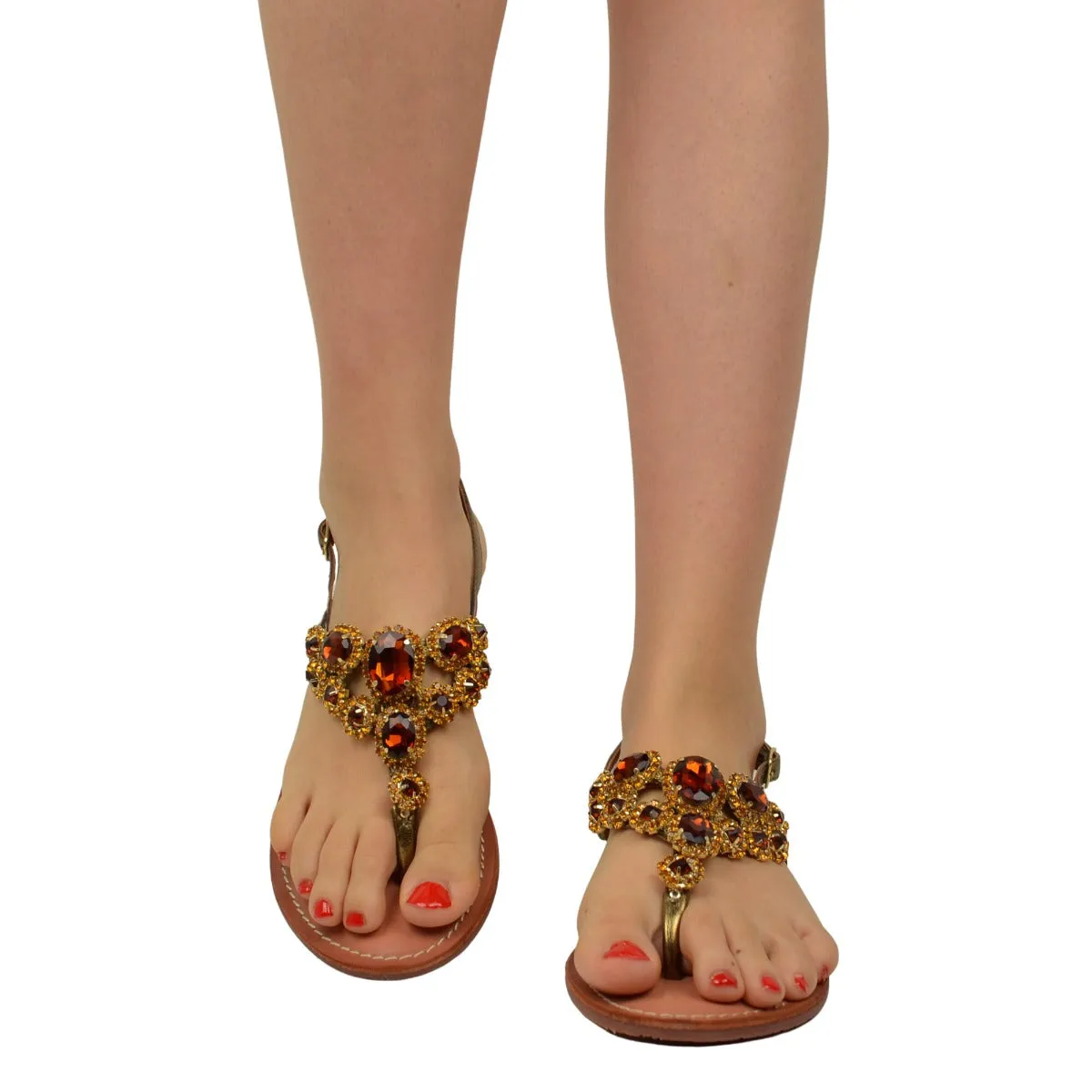 Sandali Donna Infradito Bronzo Tacco Basso con Perle