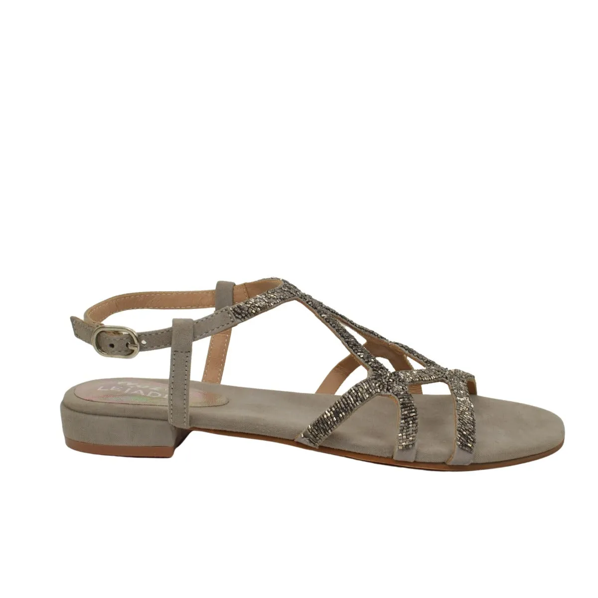 Sandali Donna Taupe con Tacco Basso e Perline