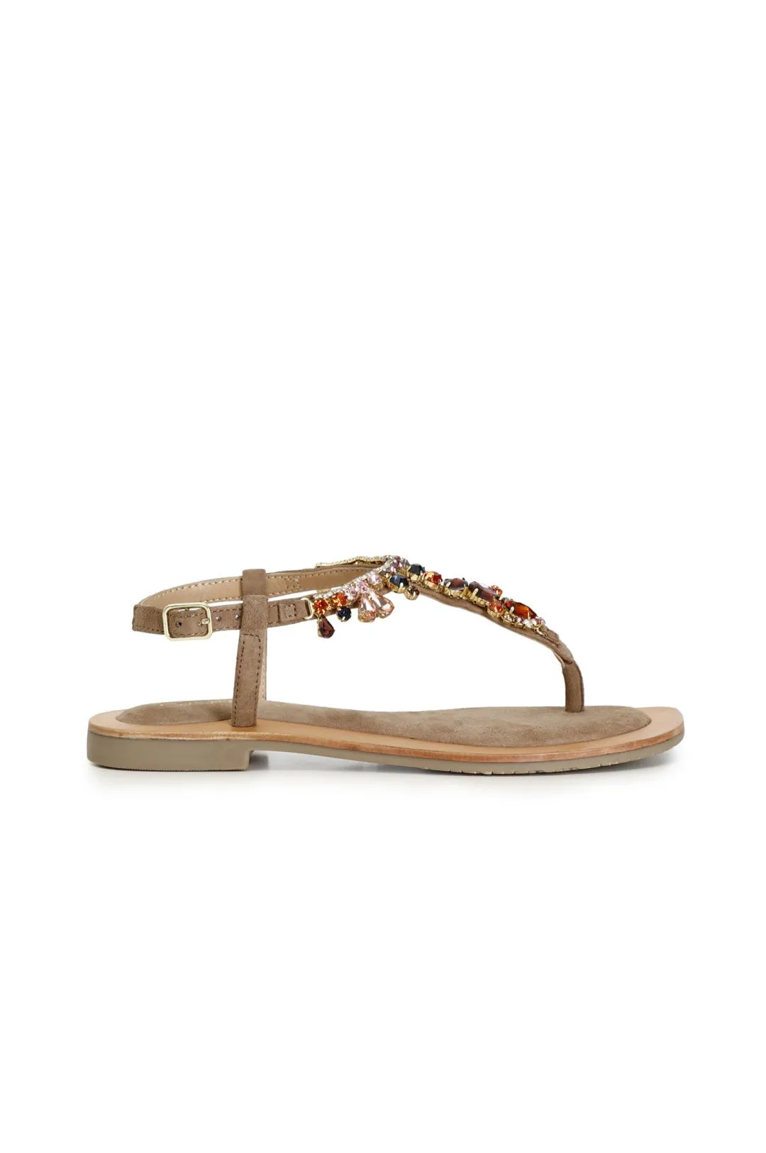 sandali infradito in pelle scamosciata con accessorio gioiello taupe