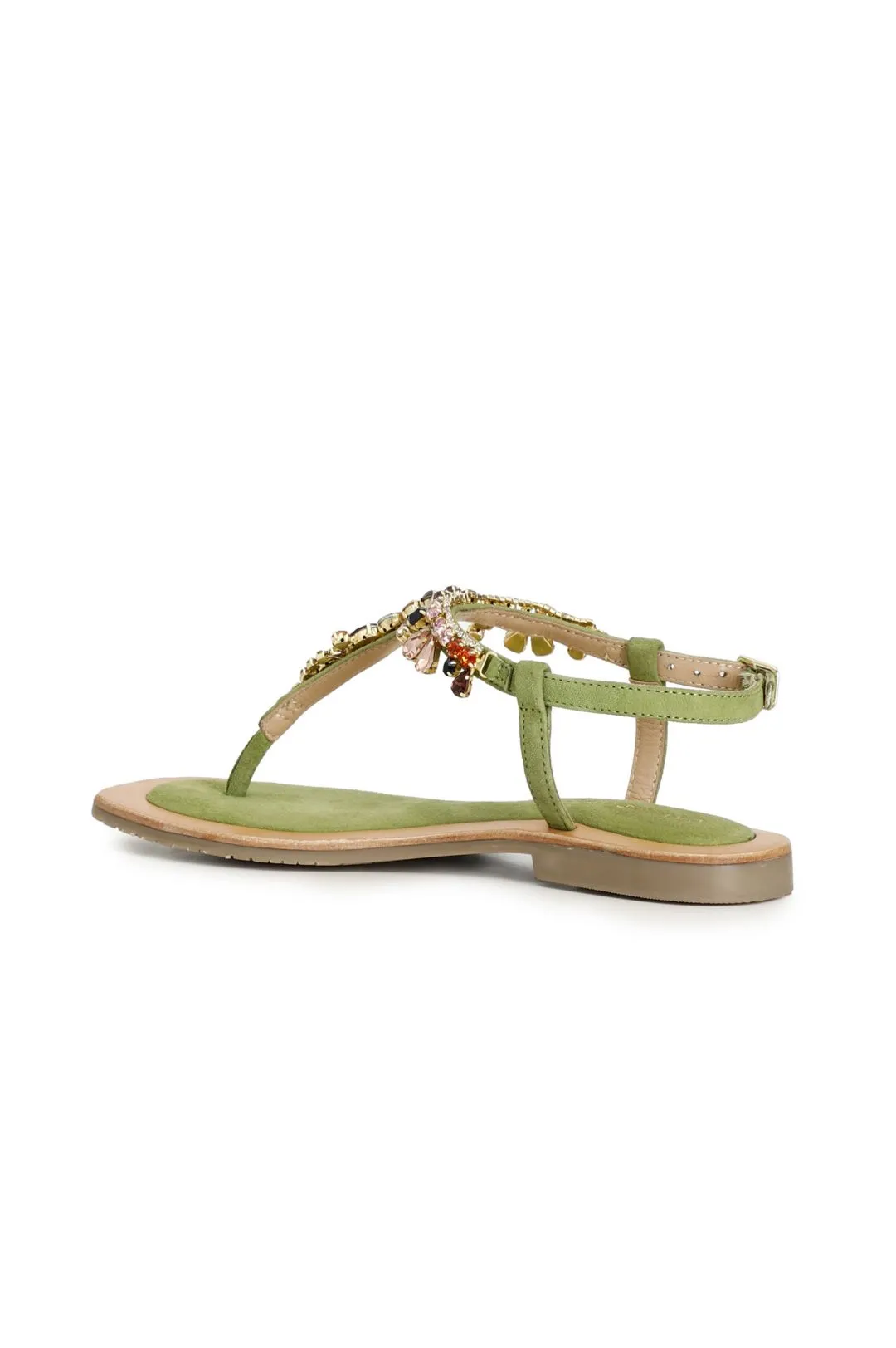 sandali infradito in pelle scamosciata con accessorio gioiello verde