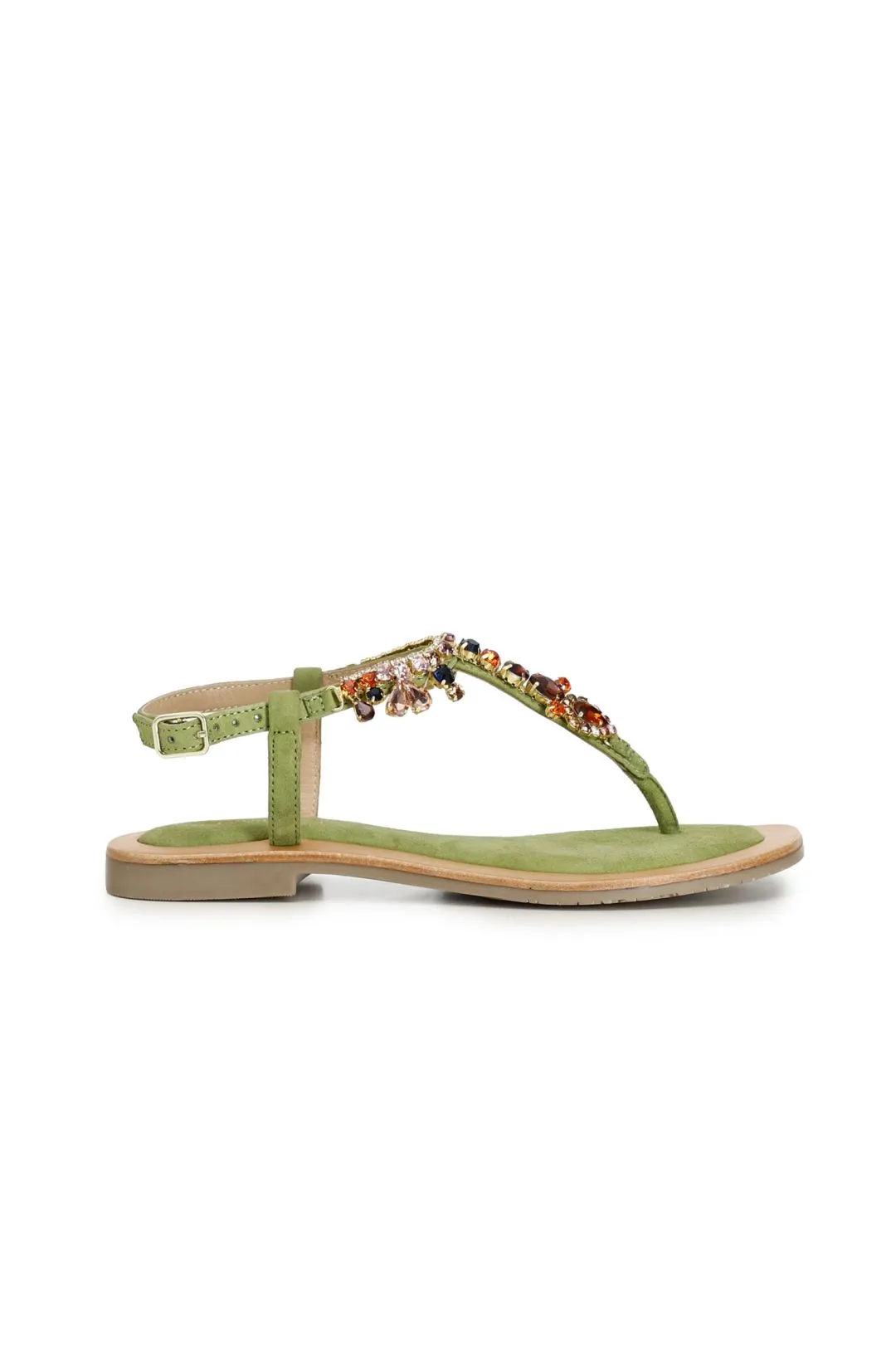 sandali infradito in pelle scamosciata con accessorio gioiello verde