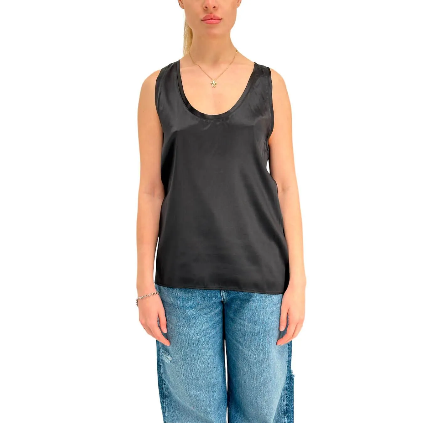 Solotre Maglietta Donna, Canotta Scollata, Seta, Nero