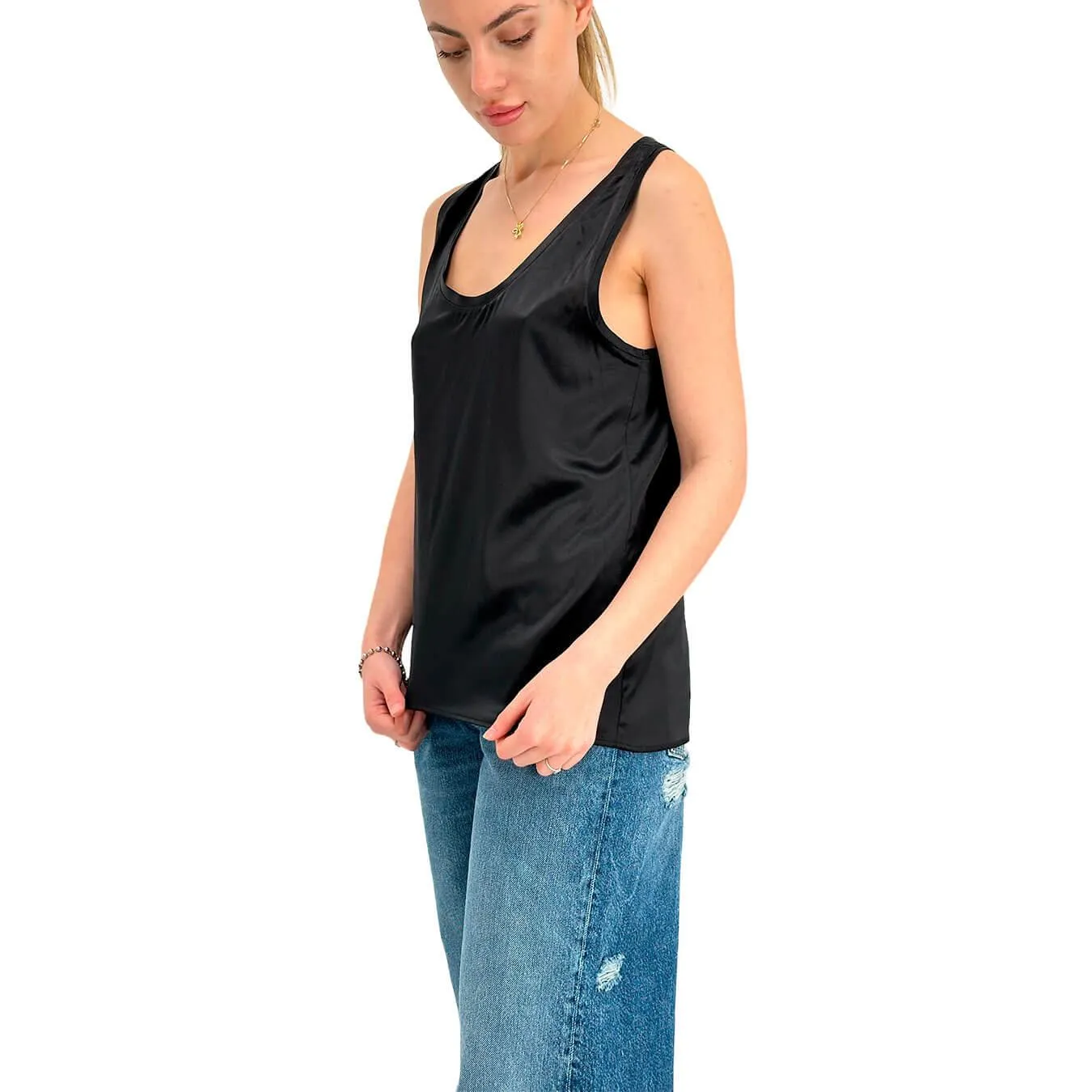 Solotre Maglietta Donna, Canotta Scollata, Seta, Nero