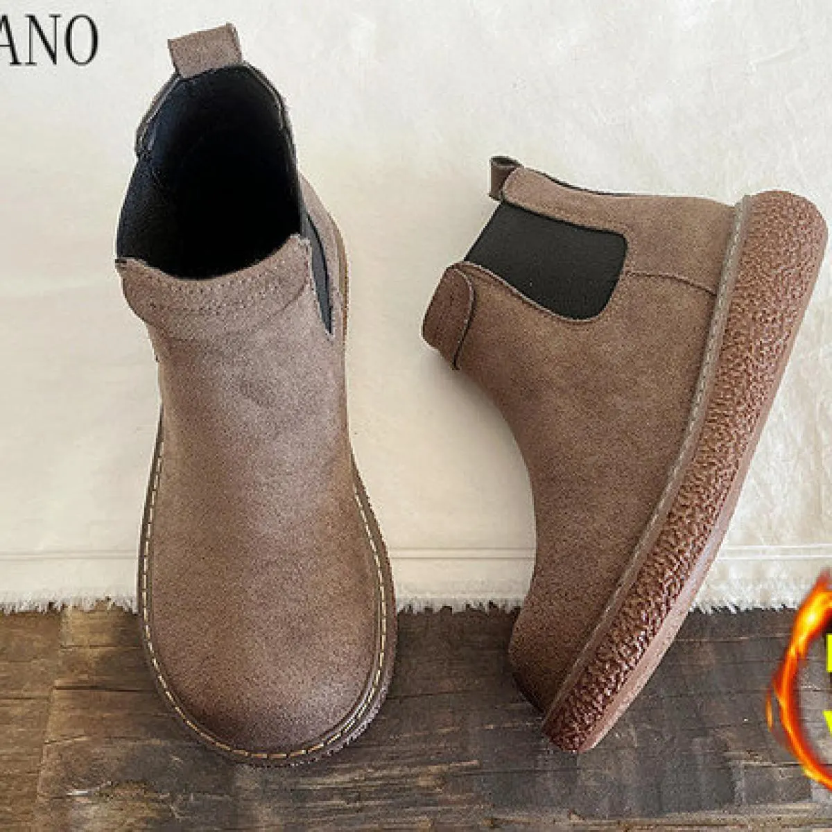Stivaletti Chelsea in pelle scamosciata calda con pelliccia invernale Mori Girl Stivaletti corti con plateau e testa grande lett