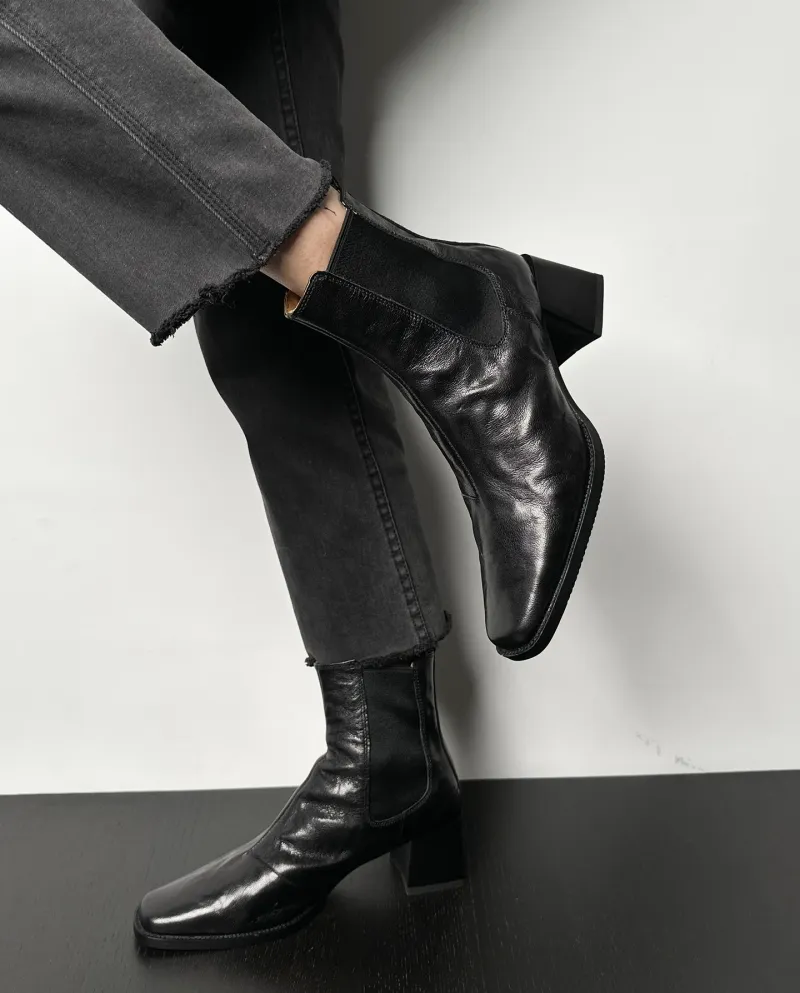 Stivaletti corti con punta quadrata nera retrò leggera Stivaletti Chelsea con tacco spesso da donna Autunno e inverno Pendolaris