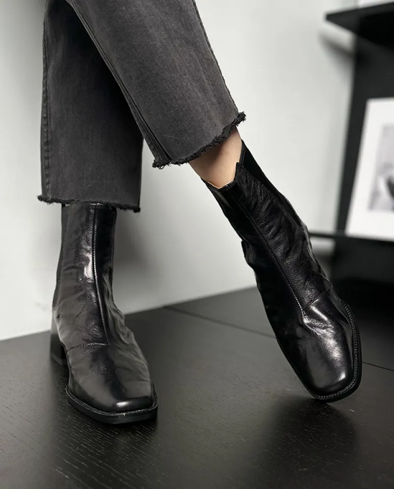 Stivaletti corti con punta quadrata nera retrò leggera Stivaletti Chelsea con tacco spesso da donna Autunno e inverno Pendolaris