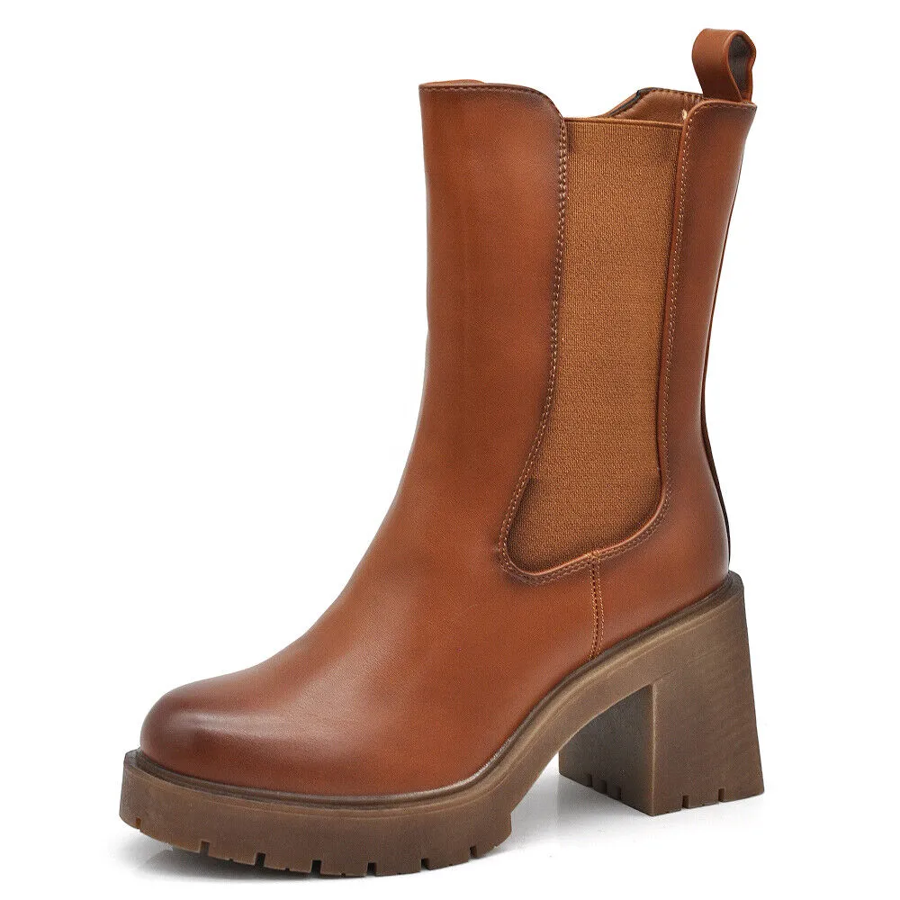 Stivaletti Tronchetti Chelsea Da Donna Con Tacco Grosso Plateau 6629 nero camel