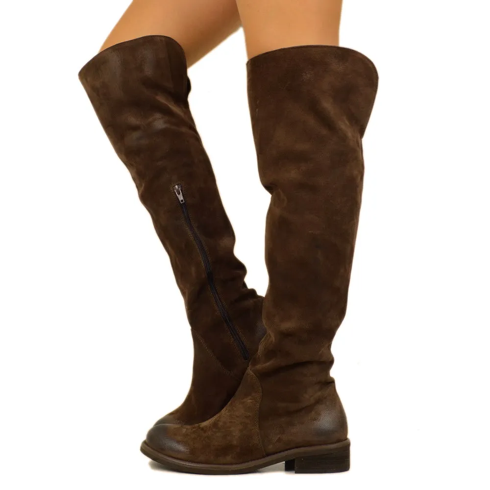 Stivali Donna Alti Classici Marroni in Camoscio con Zip Laterale