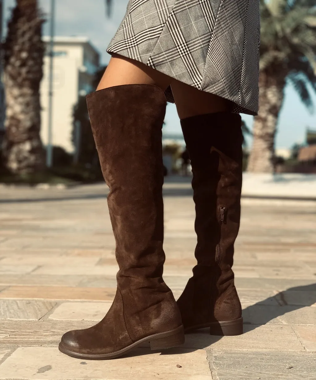 Stivali Donna Alti Classici Marroni in Camoscio con Zip Laterale