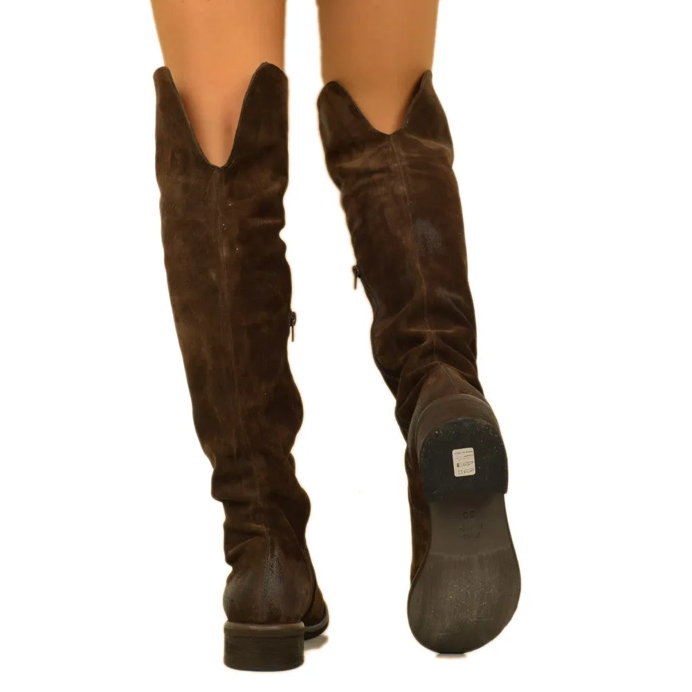 Stivali Donna Alti Classici Marroni in Camoscio con Zip Laterale