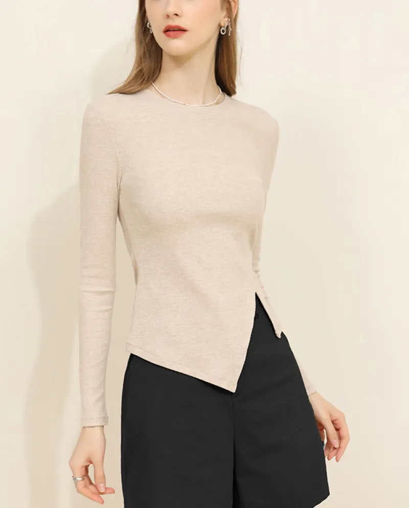 T-shirt autunno nuova a maniche lunghe T-shirt girocollo da donna slim-fit con spacco per pendolarismo