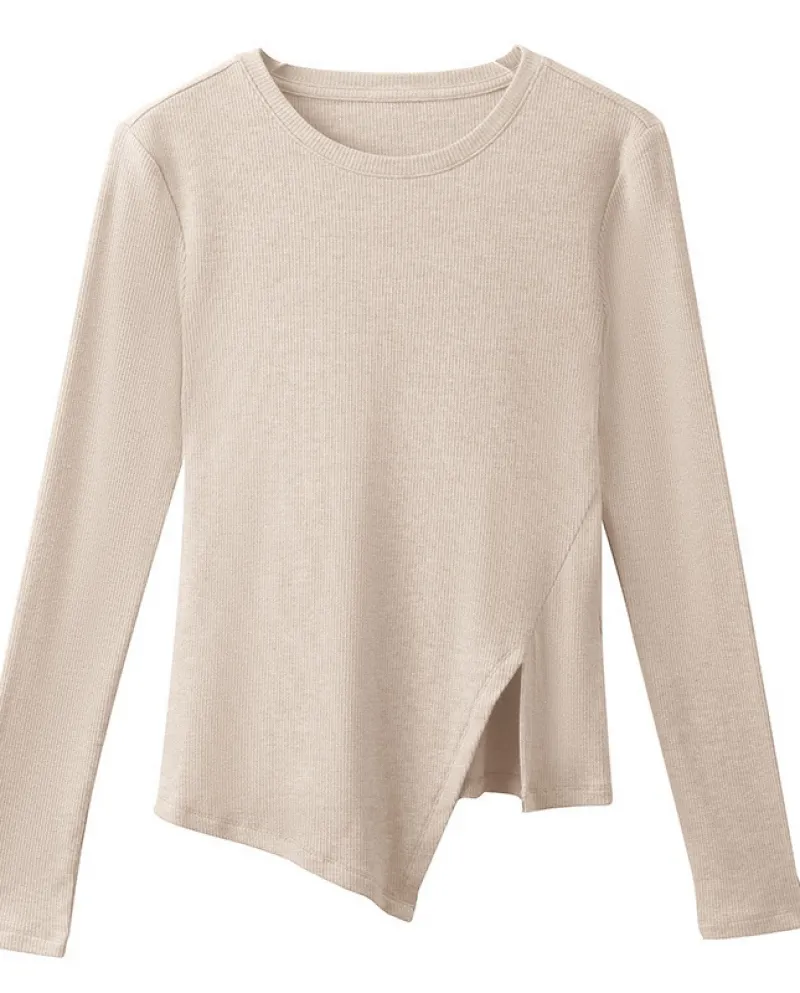 T-shirt autunno nuova a maniche lunghe T-shirt girocollo da donna slim-fit con spacco per pendolarismo