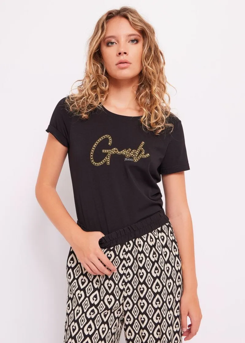 T-shirt con logo e strass