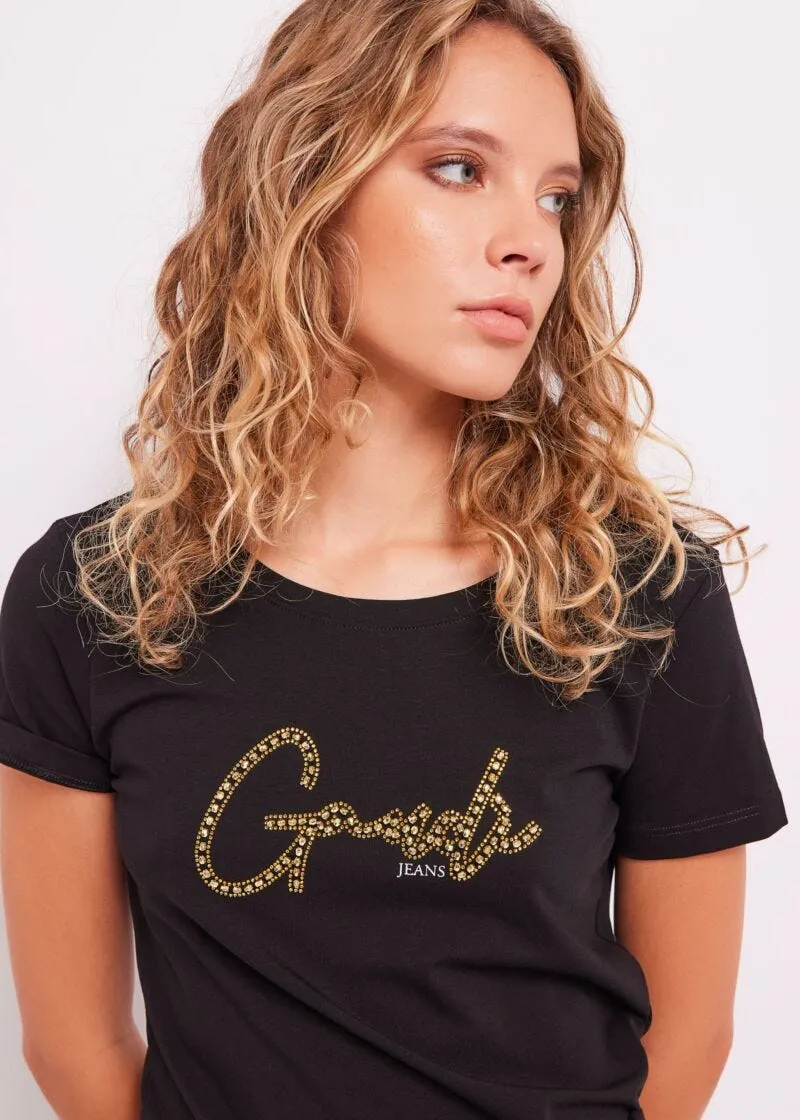 T-shirt con logo e strass